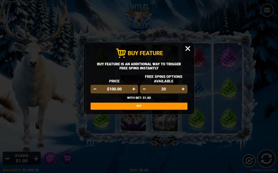 Buy Feature menu offering 20 free spins at a price of 100 times the bet