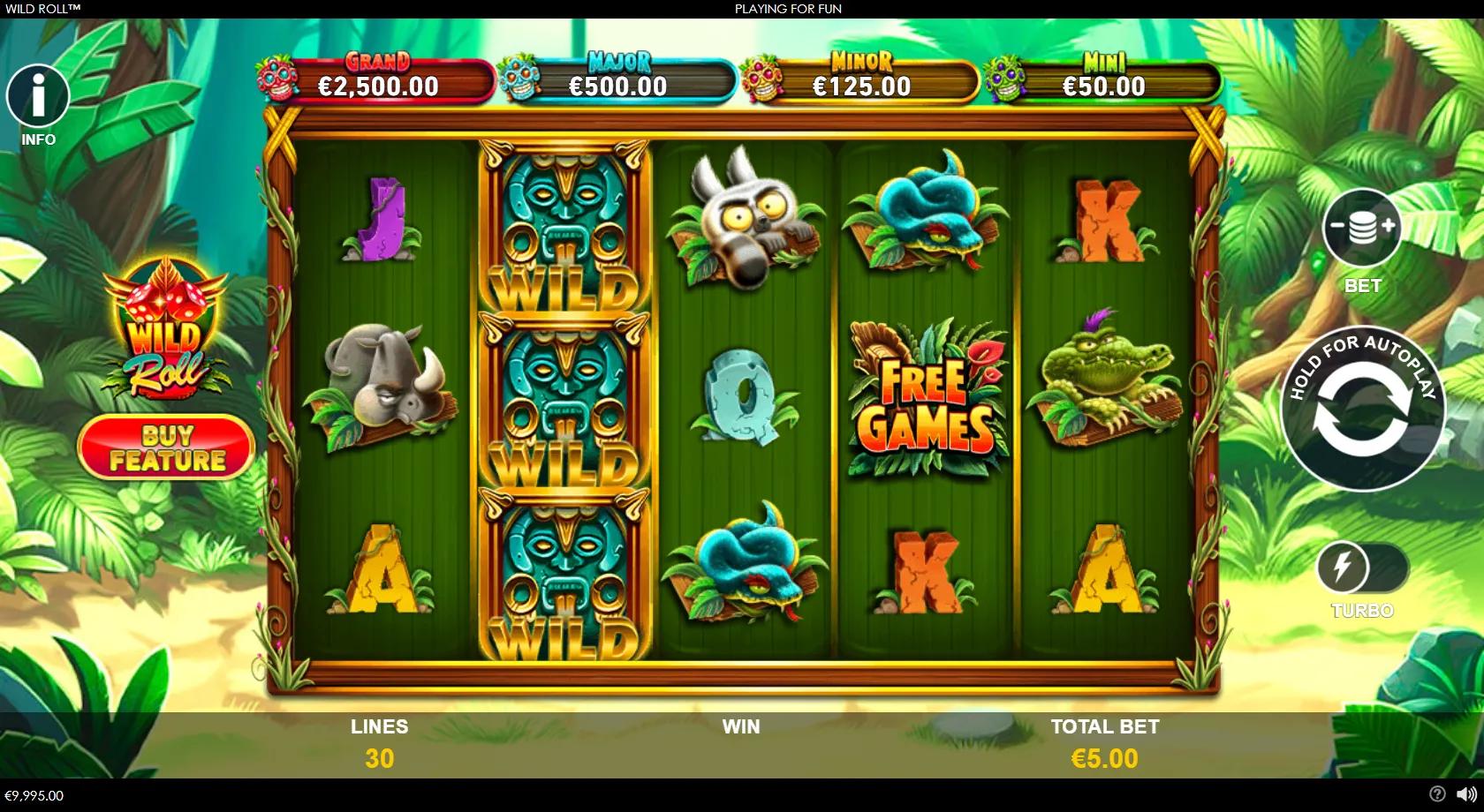 Wild Roll slot gameplay showing a 5x3 cartoon-jungle grid with a tiki-totem wild, lemur, rhino, crocodile and snake symbols, mystery card tiles and four tiki jackpots