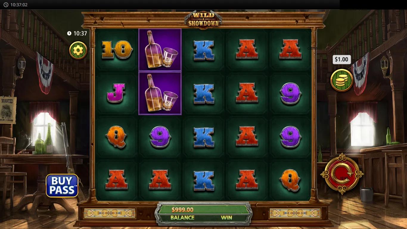 Wild Showdown slot by Light & Wonder, saloon interior reels with revolver Gun Chamber symbols on reels 2 and 4
