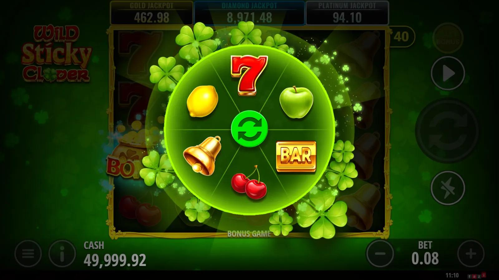 Wild Sticky Clover slot gameplay showing 5x4 Irish grid with clover Wild, pot-of-gold Bonus and sticky-symbol bonus wheel