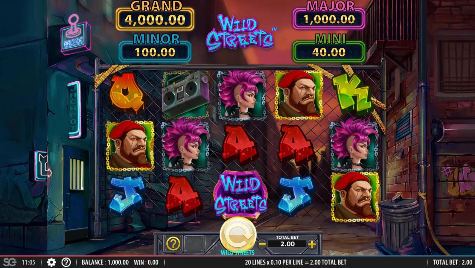 Wild Streets slot gameplay showing 5x3 graffiti reels with Wild Streets logo wild and 4-tier jackpot meters