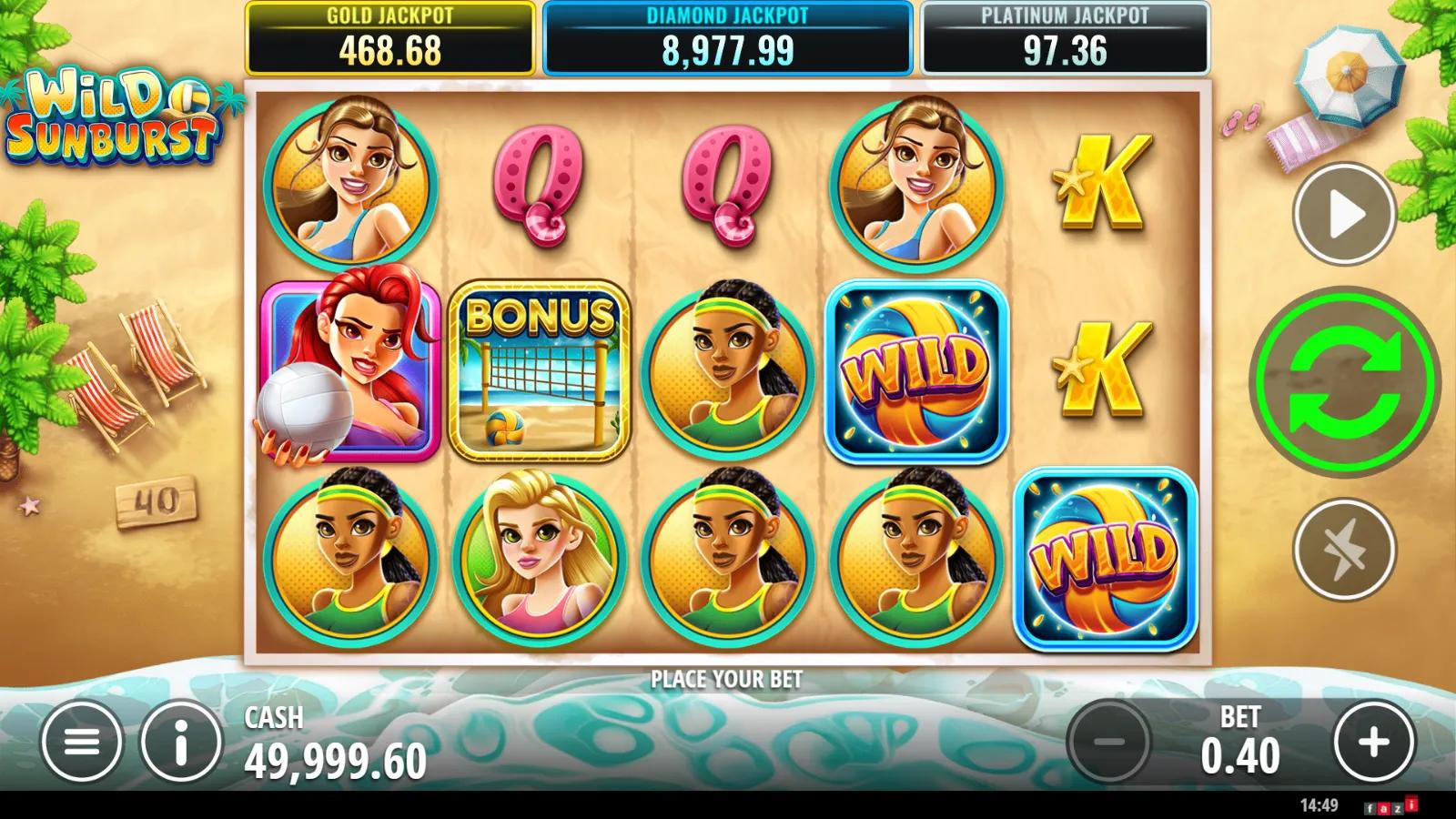 Wild Sunburst slot gameplay showing 5x3 beach volleyball grid with volleyball WILD, BONUS net symbol and beach-girl symbols