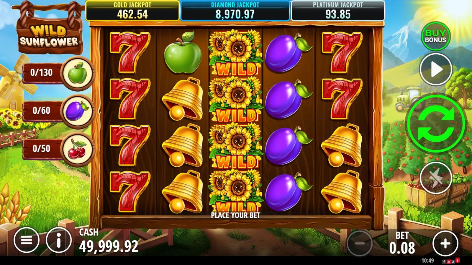 Wild Sunflower slot gameplay showing 5x4 farm grid with sunflower Wilds, fruit symbols and collection meters