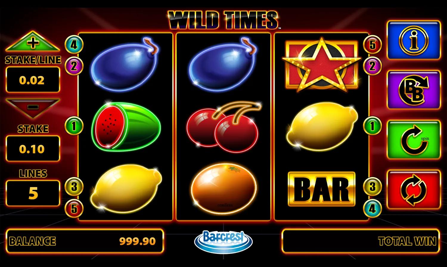 Wild Times slot gameplay showing 3x3 reels with cherries, BAR and star symbols on 5 paylines