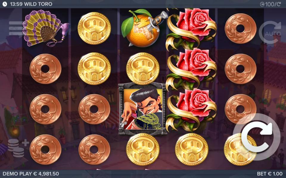 Wild Toro base board with a Matador on reel 3 cutting through rows of gold and bronze coins, no Toro anywhere on the reels