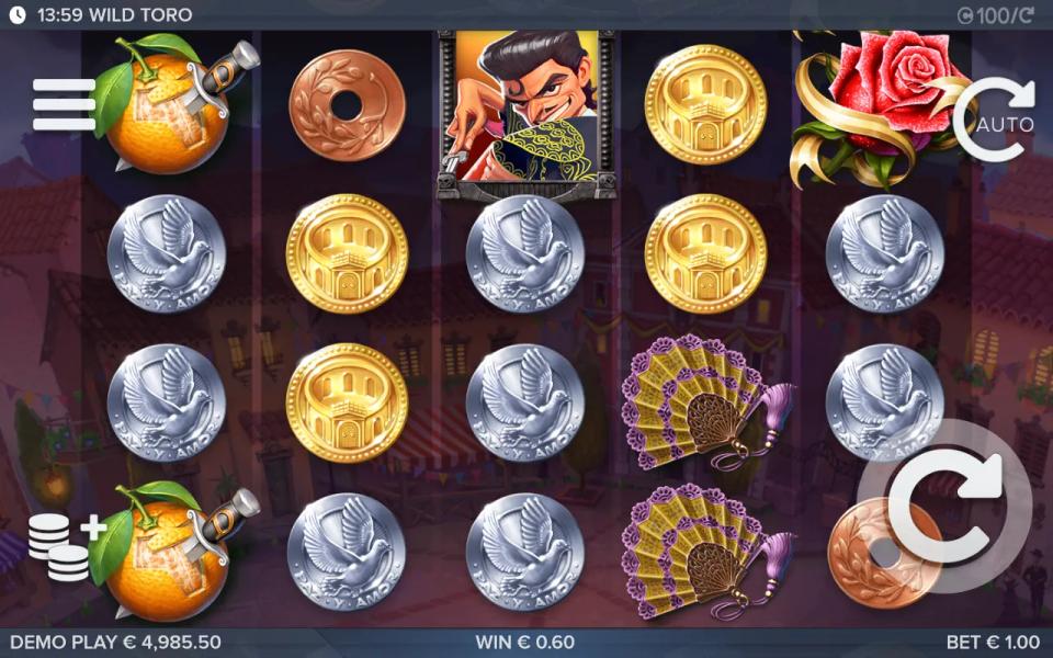 Wild Toro board paying two lines of silver dove coins at once, no multiplier or modifier on screen