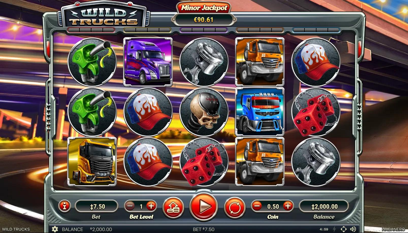 Wild Trucks slot gameplay showing 5x3 grid with monster truck symbols and Minor Jackpot meter on dirt rally arena backdrop