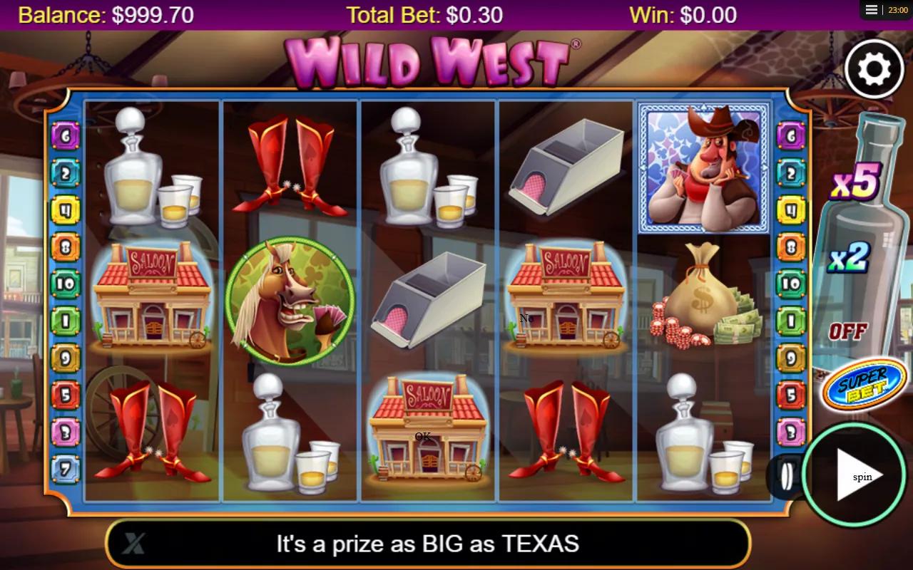 Wild West slot gameplay showing 5x3 saloon grid with Cowboy Wild and Super Bet x2/x5 multiplier bottle