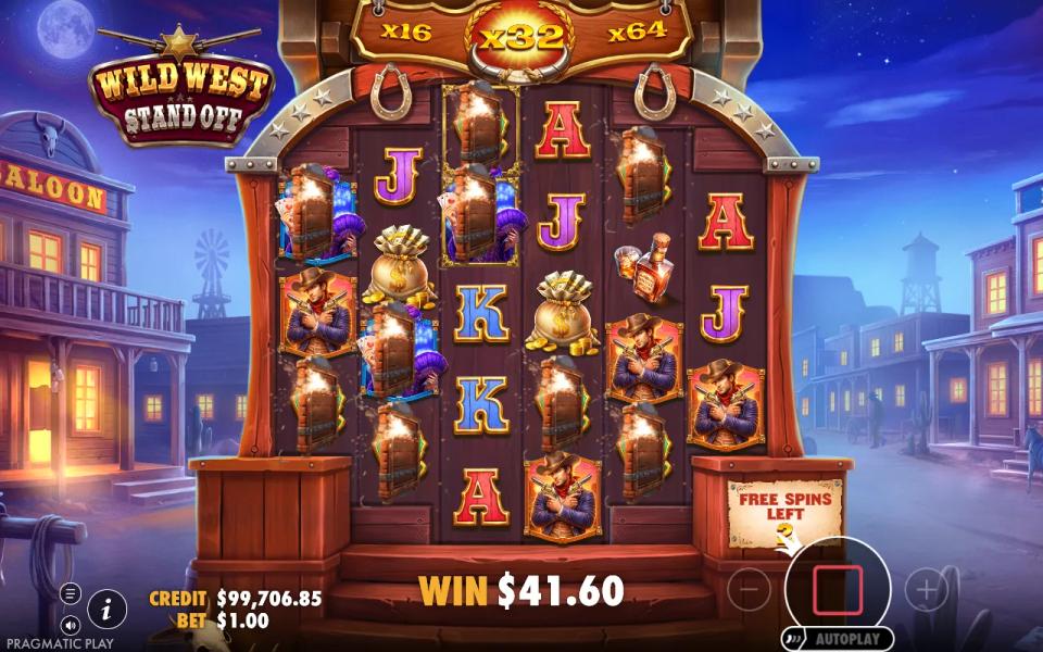 Wild West Standoff free spins on the 3-4-5-5-4-3 board, winning ladies and royals bursting under the x32 multiplier bar in a western street at night