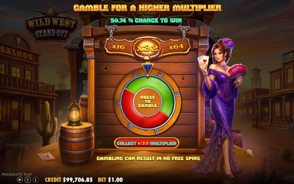 Wild West Standoff gamble wheel after a bonus buy, offering a 50.74% chance to turn a x32 starting multiplier into x64, with a collect button beside it
