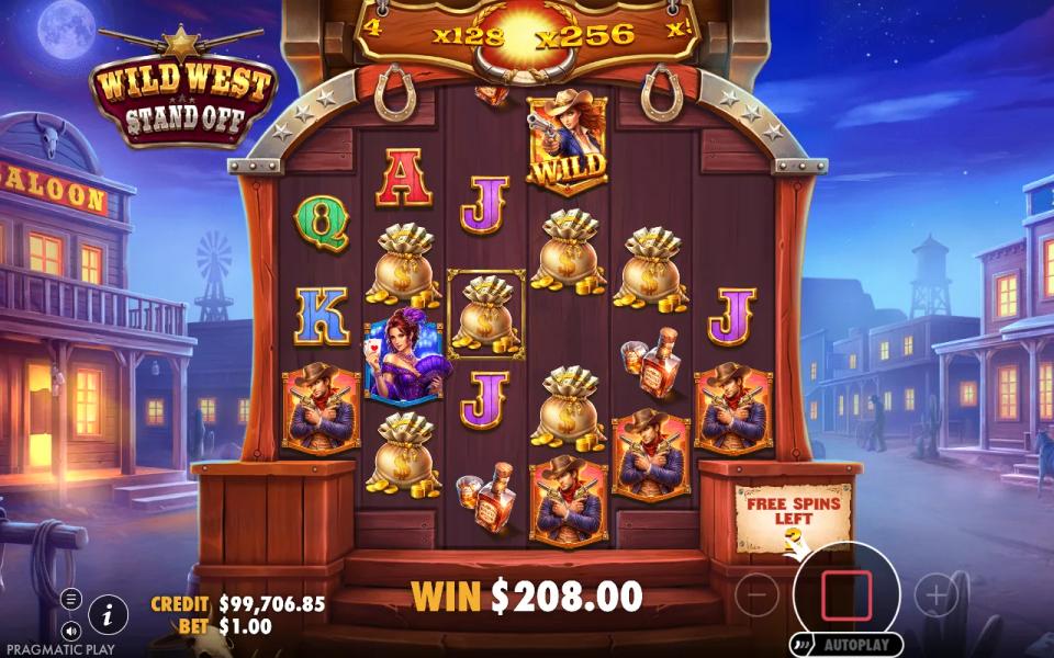 Wild West Standoff free spin deep in a tumble chain, multiplier bar at x128 with x256 next and a WILD standing on reel 3