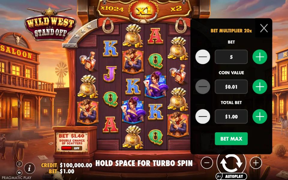 Wild West Standoff bet menu at a 1.00 total bet, with the Double Chance of Scatters panel beside the reels pricing the ante at 1.40