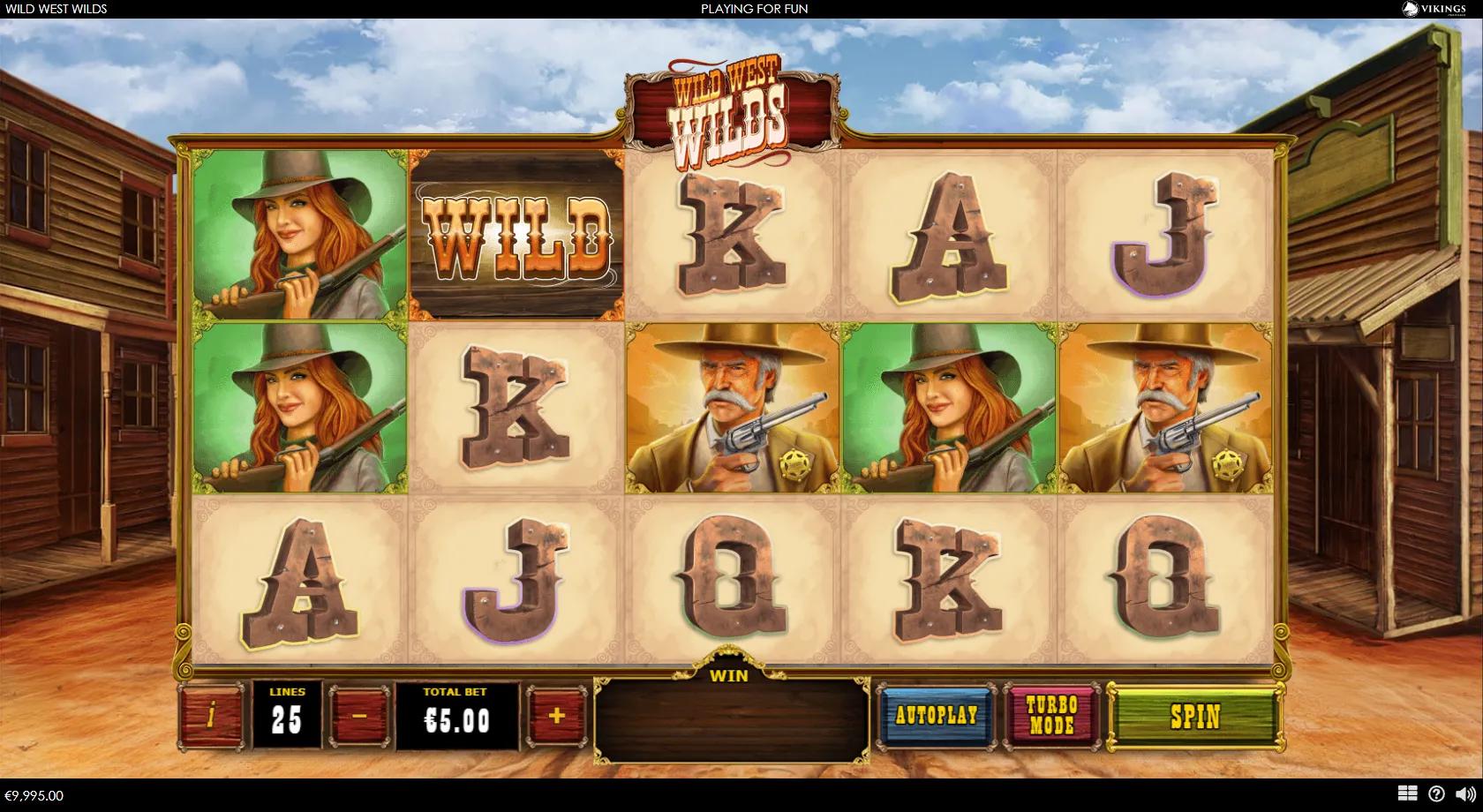 Wild West Wilds slot: 5x3 25-line frontier grid with the sheriff, gunslinger, cowgirl and WILD sheriff-badge symbols