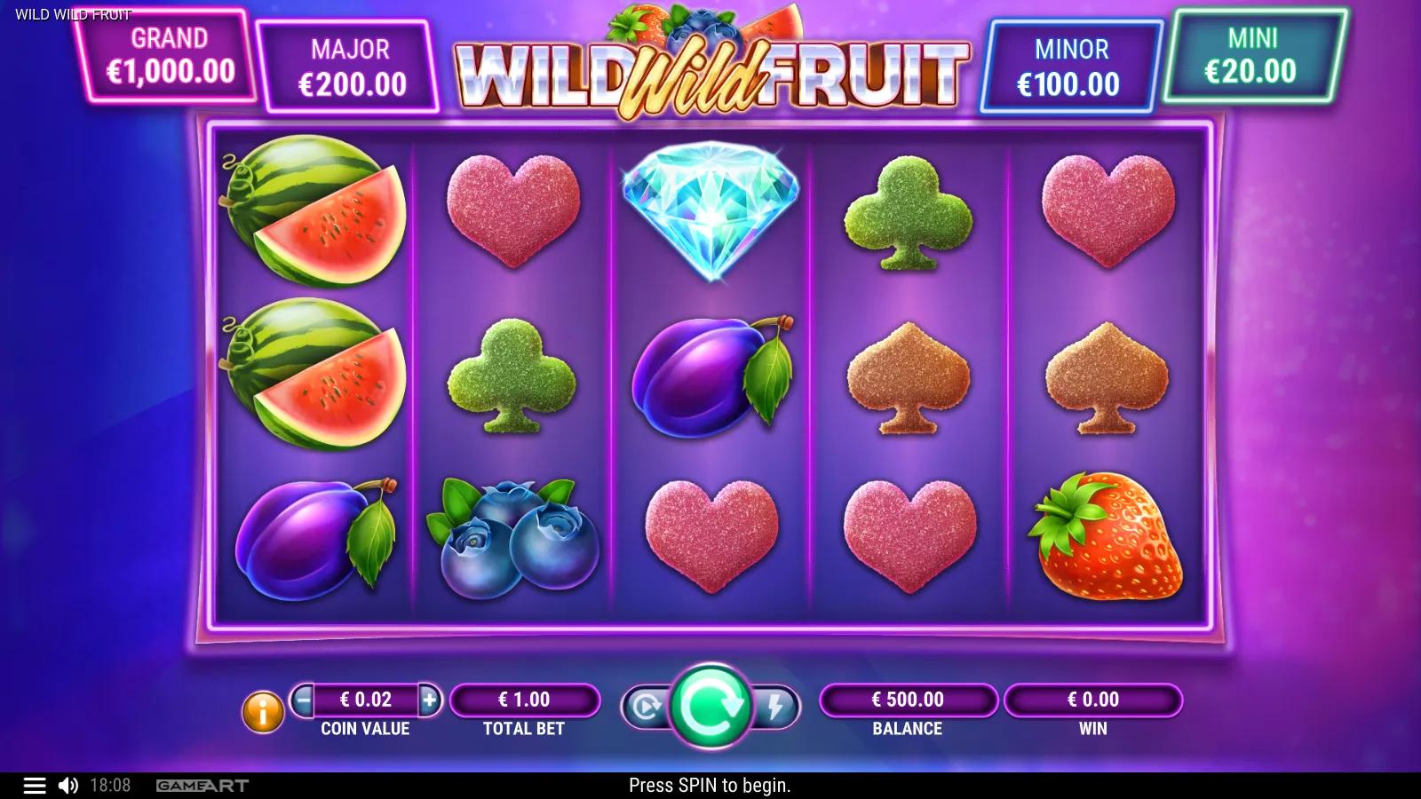 Wild Wild Fruit slot gameplay showing the 5x3 fruit grid with watermelon, strawberry and candy card-suit symbols, four jackpot panels and a 777 Scatter