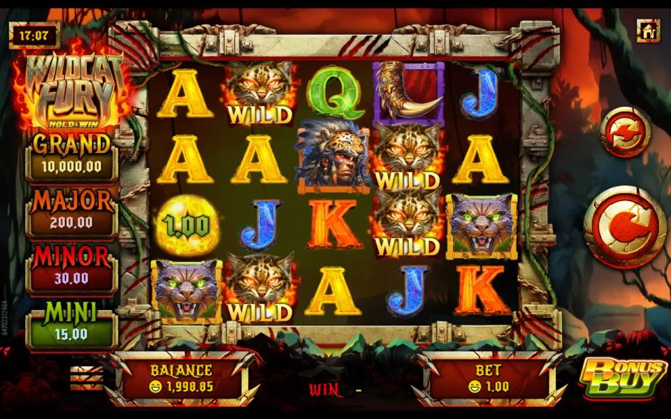 Wildcat Fury 5x4 grid holding four wildcat wilds that formed no winning line and paid nothing