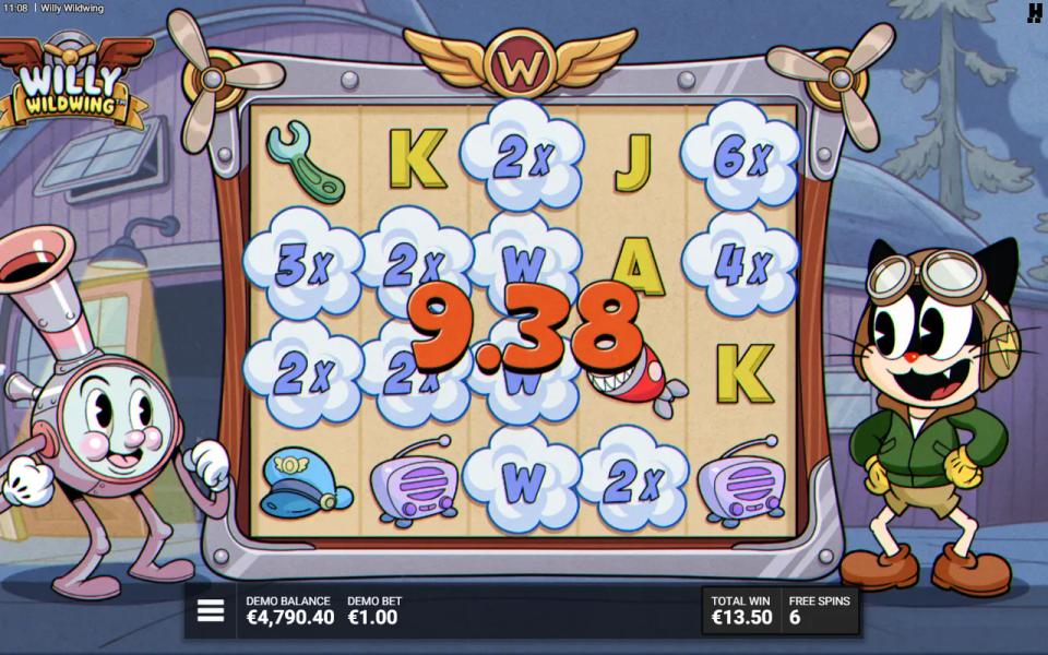 Willy Wildwing free spin with Wild Smoke clouds carrying 2x, 3x, 4x and 6x multipliers over most of the 5x4 grid, the cat pilot and the smoke machine on either side of the hangar reels