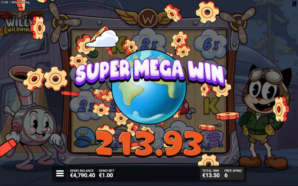 The SUPER MEGA WIN banner counting up over a board full of multiplier clouds in the Head in the Clouds bonus