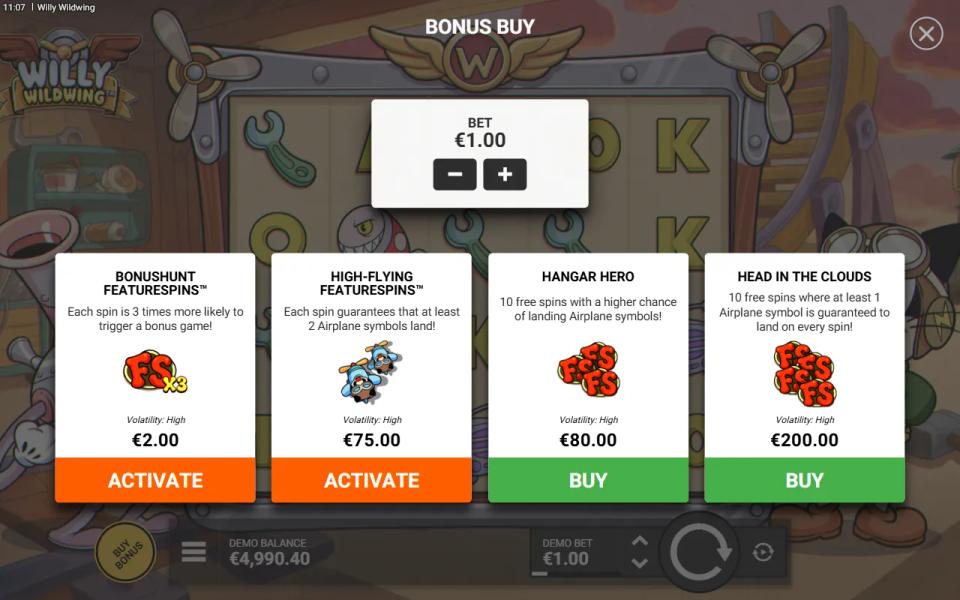 The Willy Wildwing bonus buy menu with BonusHunt FeatureSpins, High-Flying FeatureSpins, Hangar Hero and Head in the Clouds