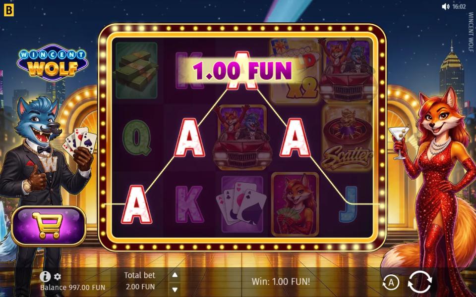 Three ace symbols on a Wincent Wolf payline completed by a wild carrying a x2 multiplier