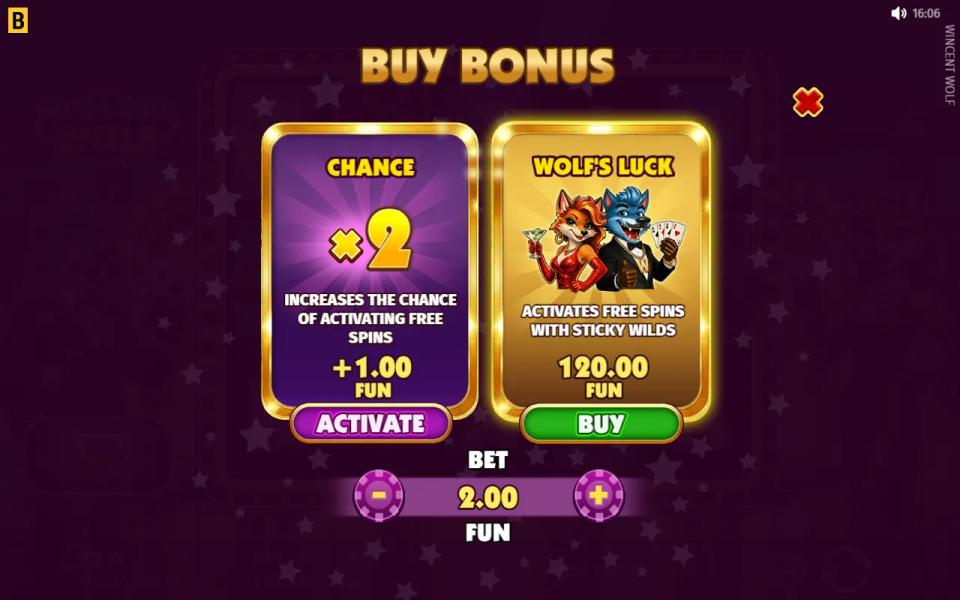 Wincent Wolf buy bonus menu offering Chance x2 and Wolf's Luck side by side