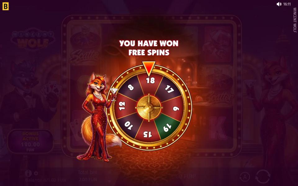 The Wincent Wolf wheel of fortune spinning to decide the number of free spins