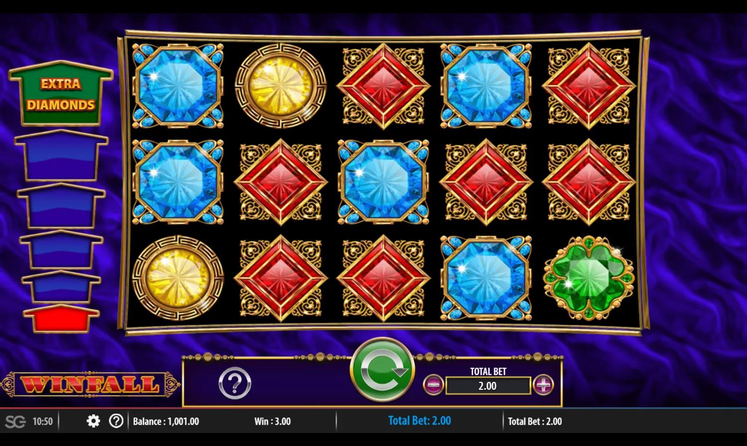 Winfall slot gameplay showing 5x3 gem grid with the Extra Diamonds arrow meter on the left