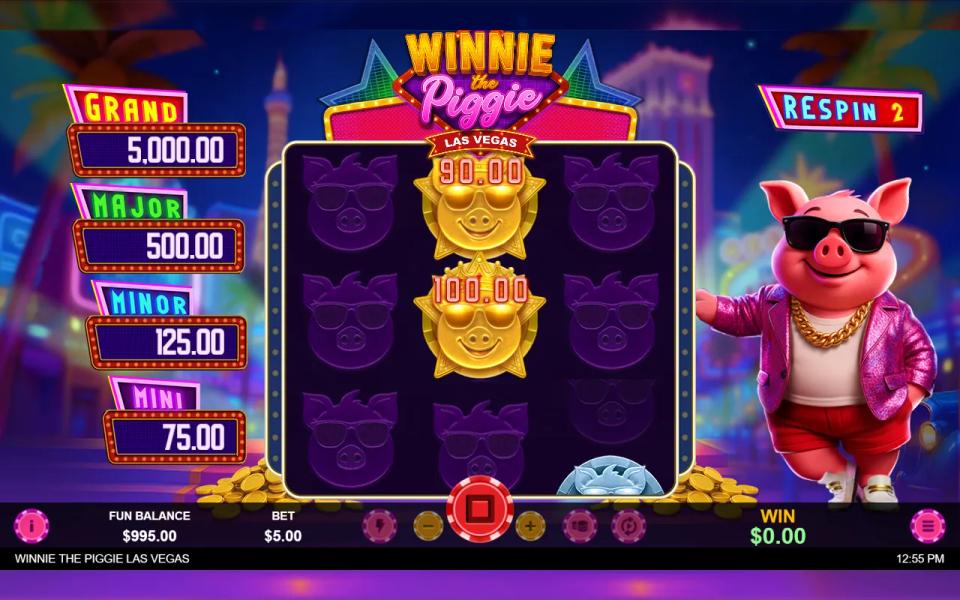 Hold and Spin round with two gold collectors stacked on the middle reel holding 90.00 and 100.00 while a new coin lands on the right reel