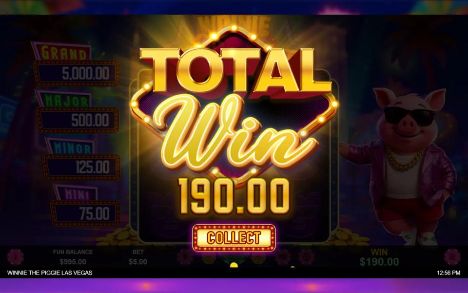 Closing card of a bought Hold and Spin round reading Total Win 190.00 at a 5.00 stake