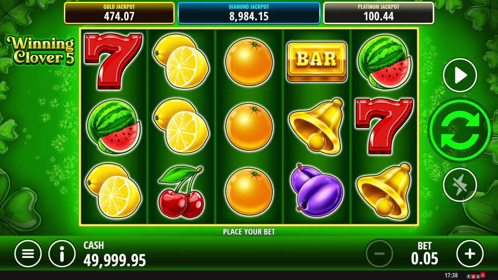 Winning Clover 5 slot gameplay showing 5x3 fruit grid with clover expanding wild, red and blue star scatters, red 7 and 5 paylines