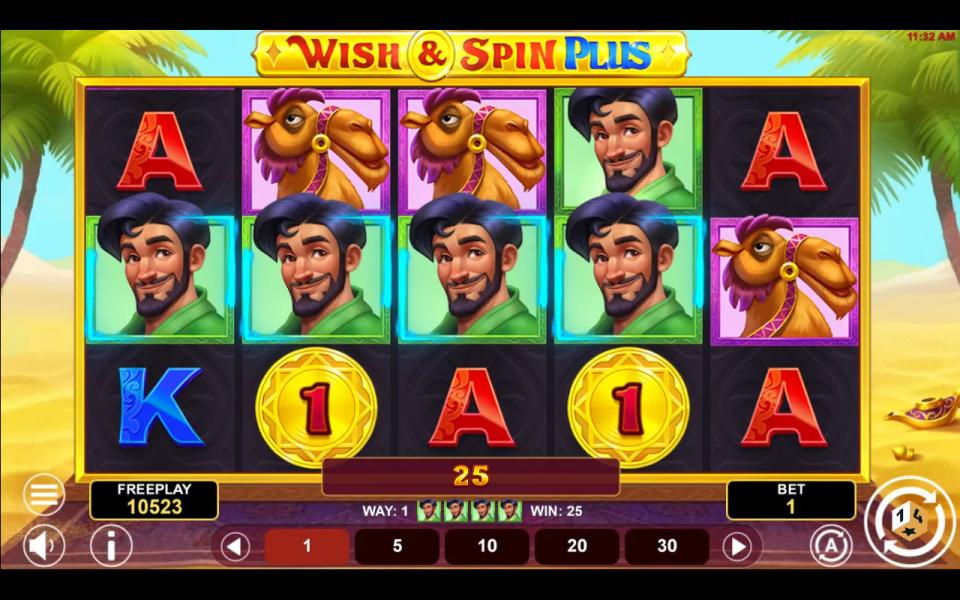Four merchant symbols across the first four reels of the 5x3 Wish and Spin Plus grid, paying 25x the stake on 243 ways