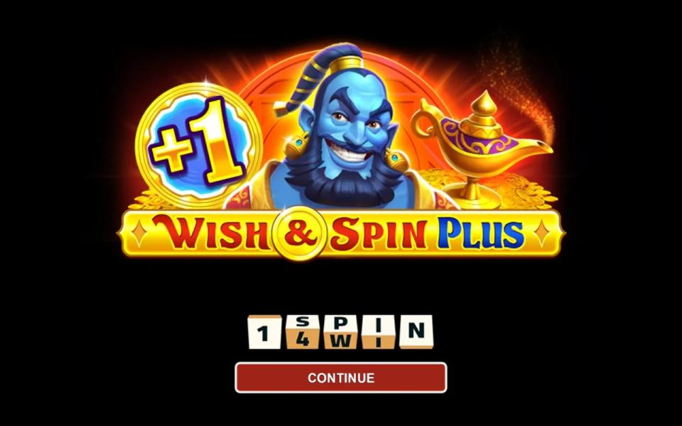 Wish and Spin Plus intro screen showing the game logo with a blue Plus One coin, a blue Jinn and a golden lamp above a Continue button