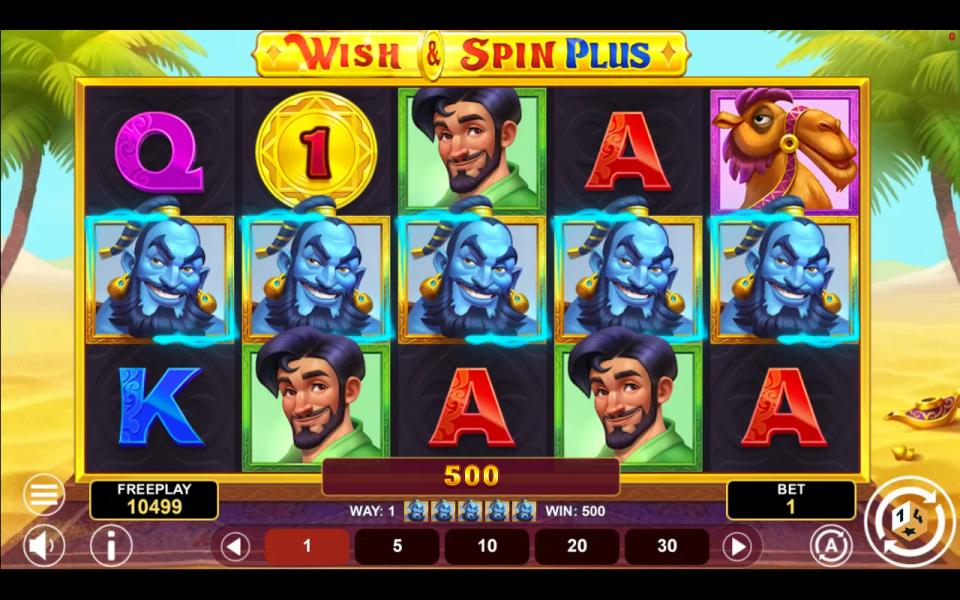 Five blue Jinn symbols filling the middle row of the Wish and Spin Plus grid for a 500x all-ways win