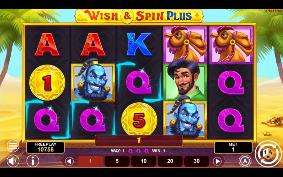 Gold coins marked 1 and 5 on the Wish and Spin Plus grid with no third coin, the round paying only a three-Q way