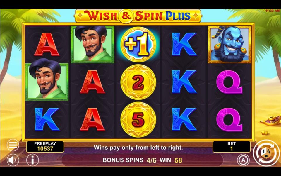 Wish and Spin Plus bonus spin with the Plus One coin on the third reel raising the spin counter from five to six
