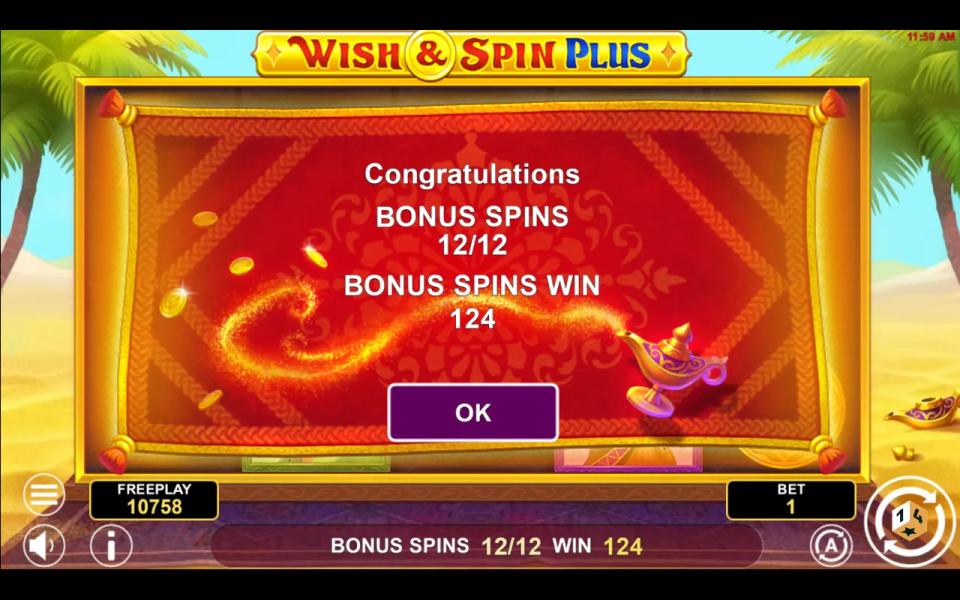 Wish and Spin Plus bonus result screen showing twelve spins played and 124 times the stake won