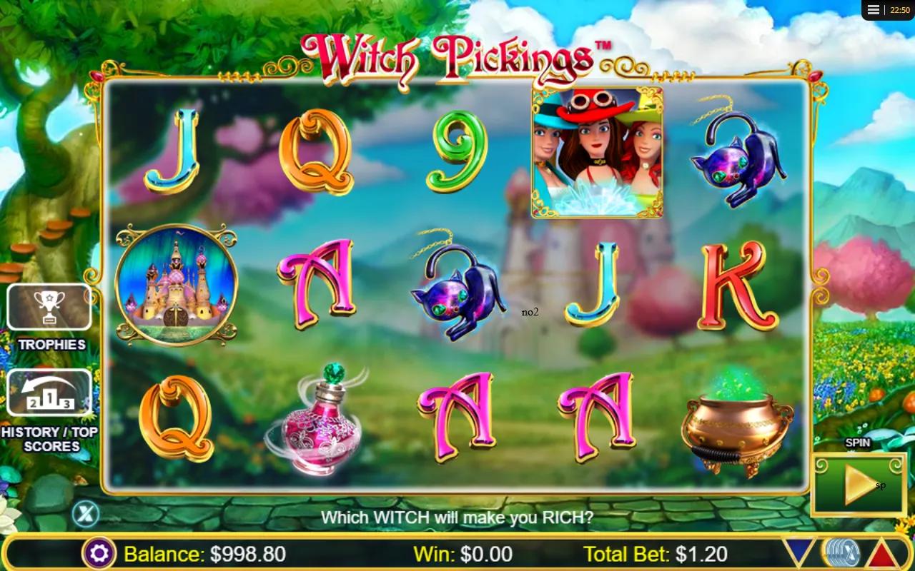 Witch Pickings slot gameplay showing 5x3 grid with Wild orb and Three Witches scatter on the reels