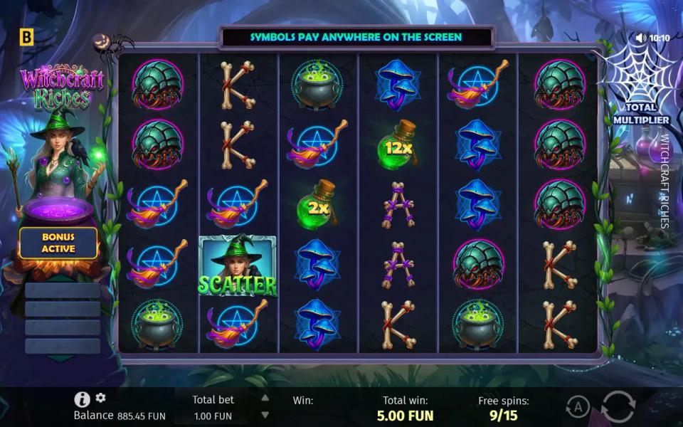 Witchcraft Riches free spin with a 12x and a 2x potion on the board, no winning cluster and the total multiplier web beside the reels still empty