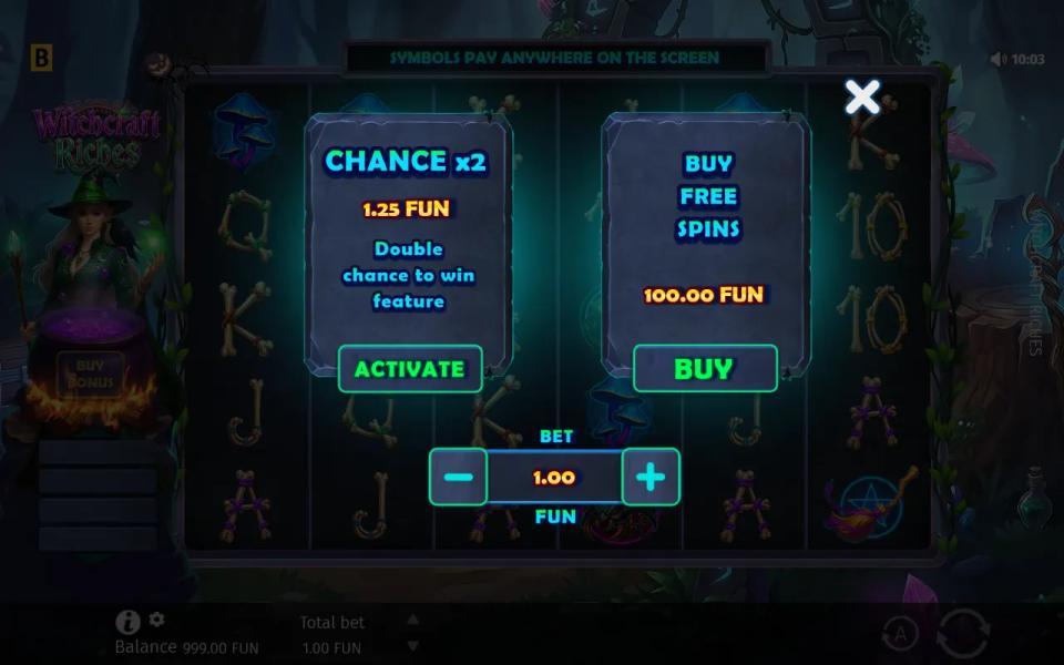Witchcraft Riches buy menu with two cards, Chance x2 at 1.25 times the bet and Buy Free Spins at 100 times the bet