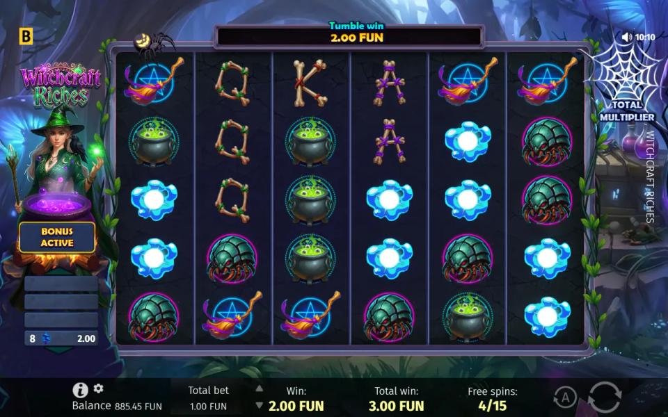 Witchcraft Riches free spin with an eight-symbol mushroom win clearing from the board and no potion in sight, the total multiplier web empty