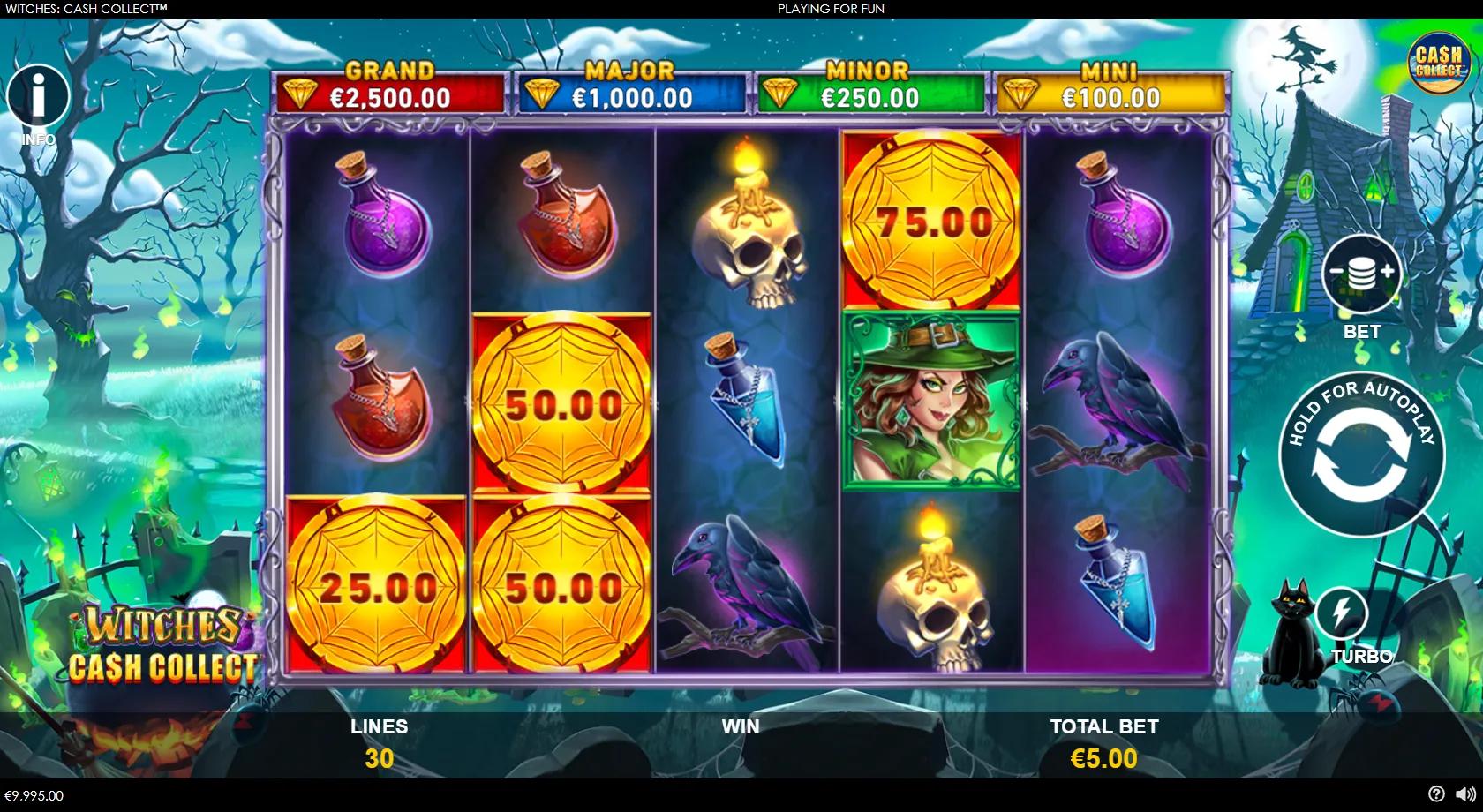 Witches Cash Collect gameplay showing 5x3 Halloween reels with witches, cash coins and four jackpots