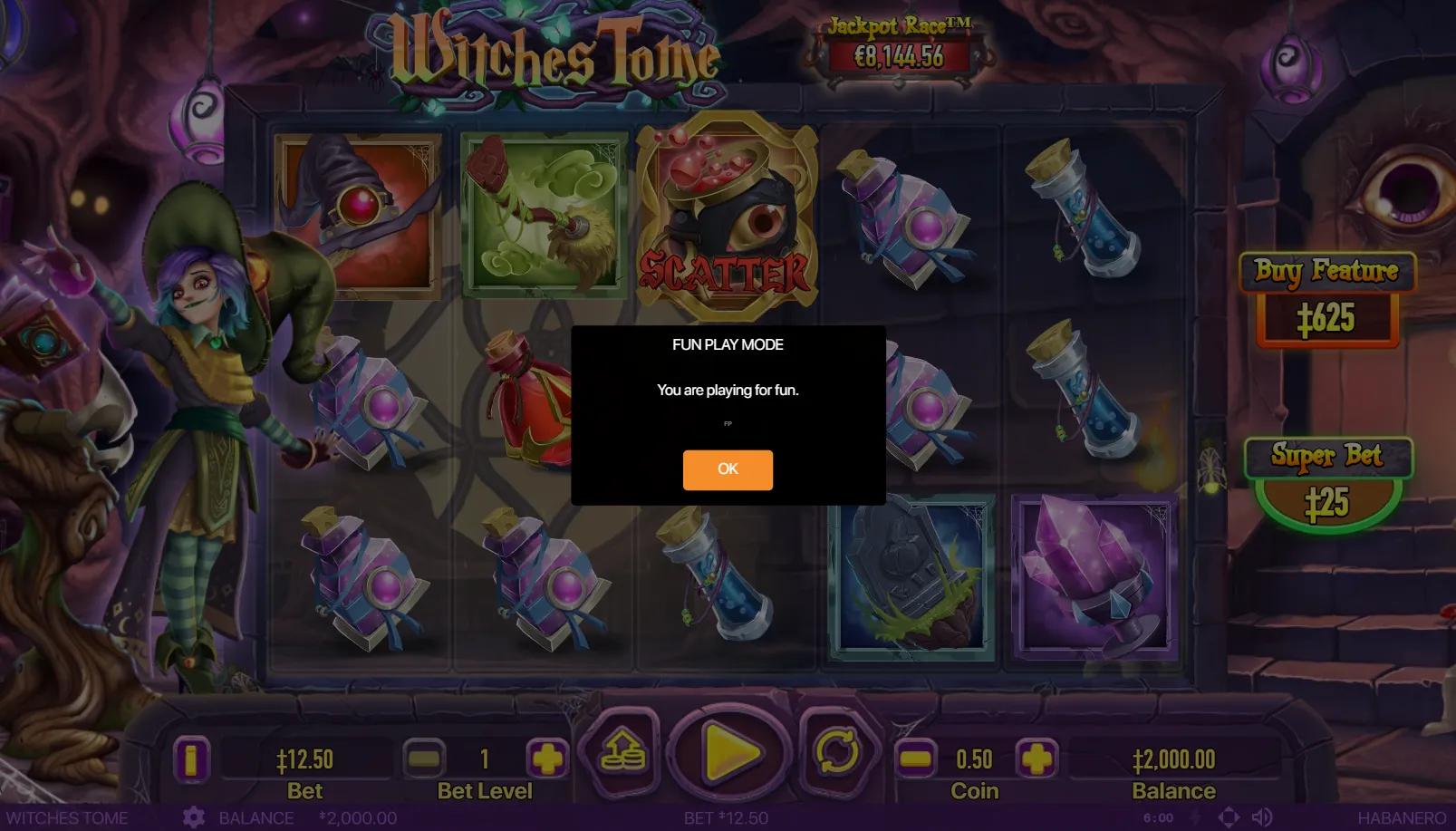 Witches Tome 5x3 grid with witch, spellbook, potion bottles and crystal ball symbols on gothic library backdrop