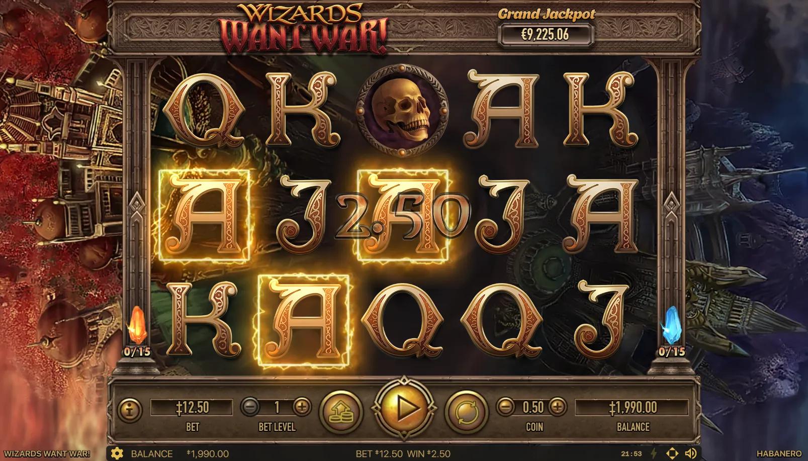 Wizards Want War slot 5x3 grid with dueling wizards, skull symbol and runic royals on gothic magical backdrop