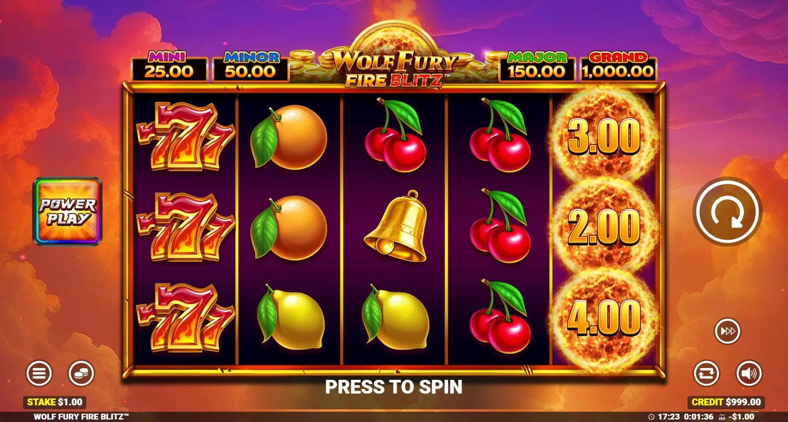 Wolf Fury Fire Blitz slot gameplay showing the 5x3 fruit reels with flaming wolf collect symbol, fire cash coins and MINI/MINOR/MAJOR/GRAND jackpots