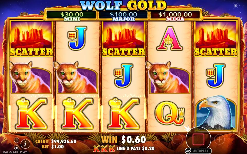Three Wolf Gold scatters landing on the top row of reels 1, 3 and 5 to start the free spins