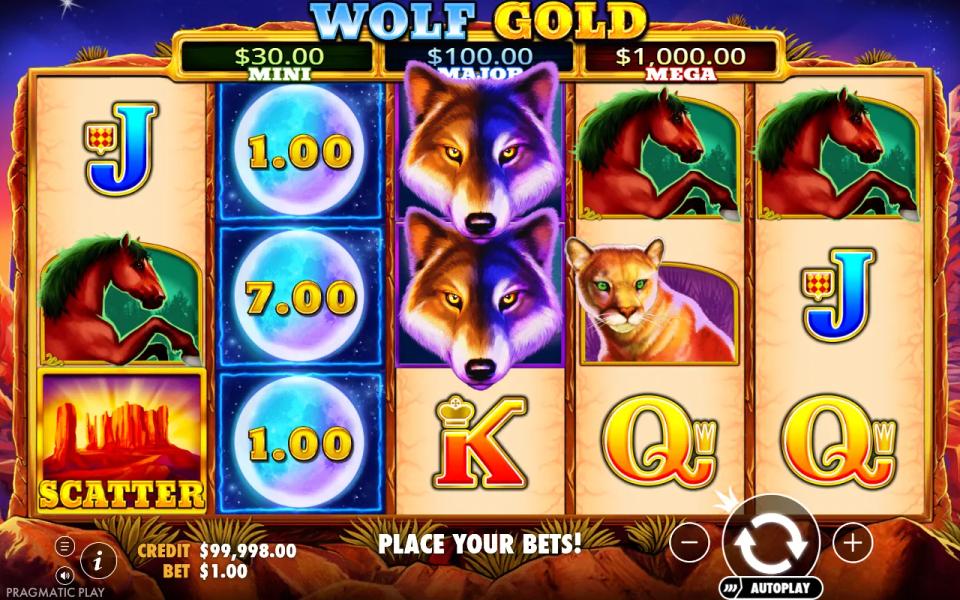 Three moon money symbols showing cash values stacked on reel 2 of the Wolf Gold base game, with a scatter on reel 1
