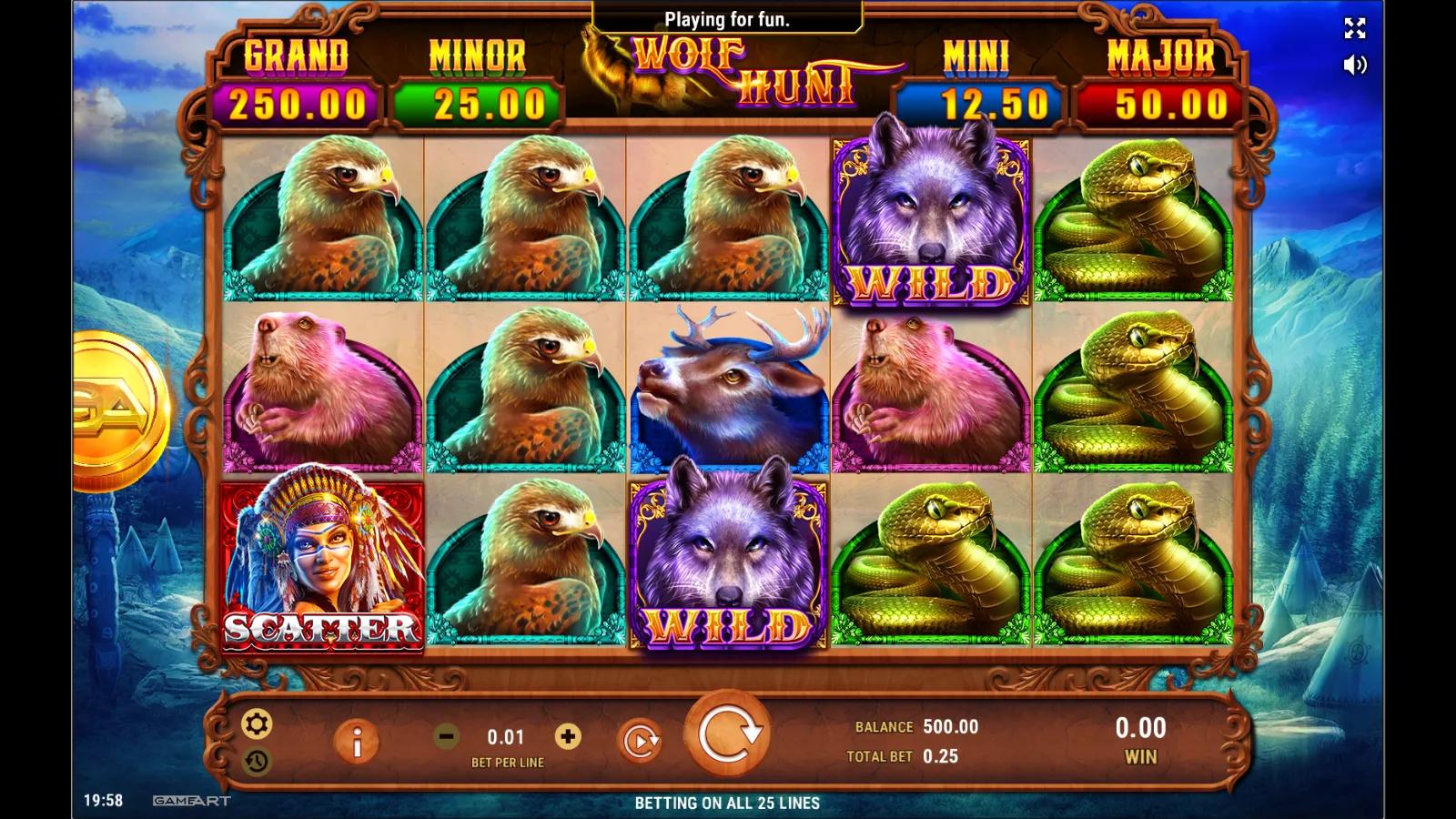 Wolf Hunt slot gameplay showing the 5x4 wilderness grid with a wolf Wild, deer, beaver, eagle and jackpot bonus coins across 25 lines