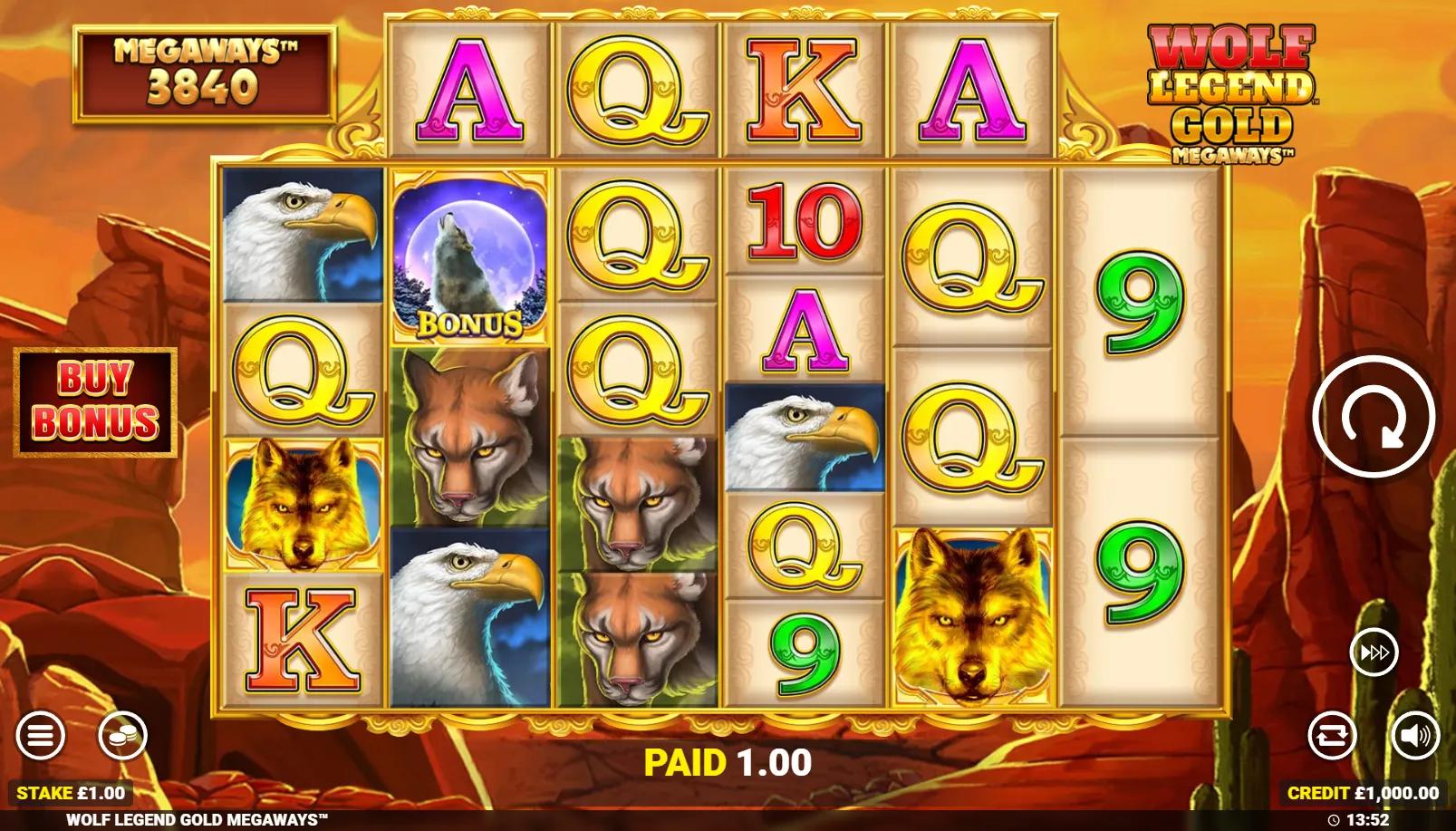 Wolf Legend Gold Megaways slot gameplay showing 6-reel Megaways grid with tracker reel, Bonus scatter and royal symbols