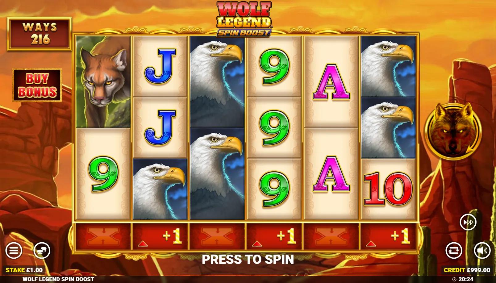 Wolf Legend Spin Boost gameplay showing 6-reel Megaways grid with eagle and cougar symbols above the Spin Boost modifier bar