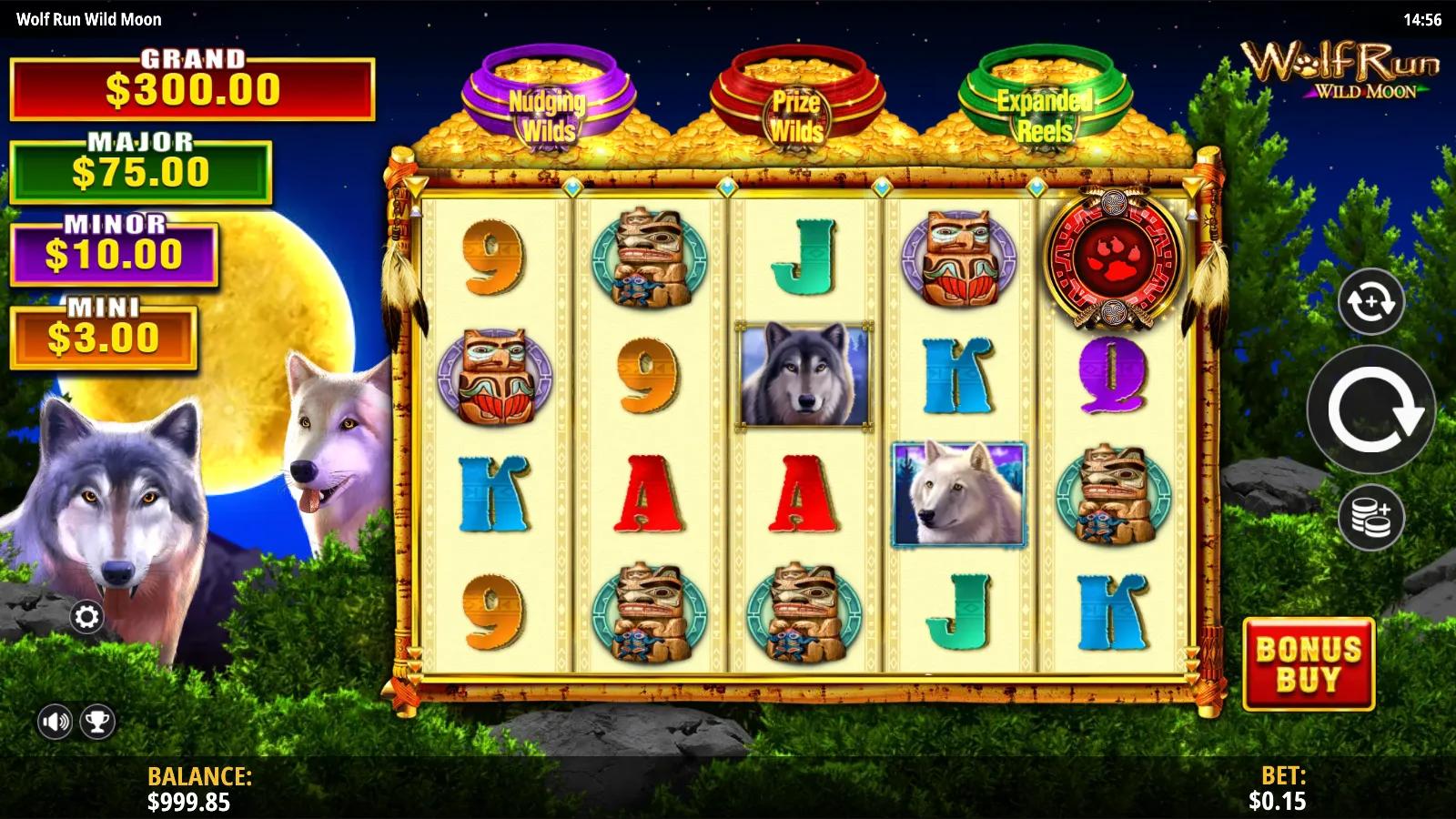Wolf Run Wild Moon slot gameplay showing the 5x3 grid with wolves, totem poles and card symbols beneath the three feature pots and jackpot ribbon