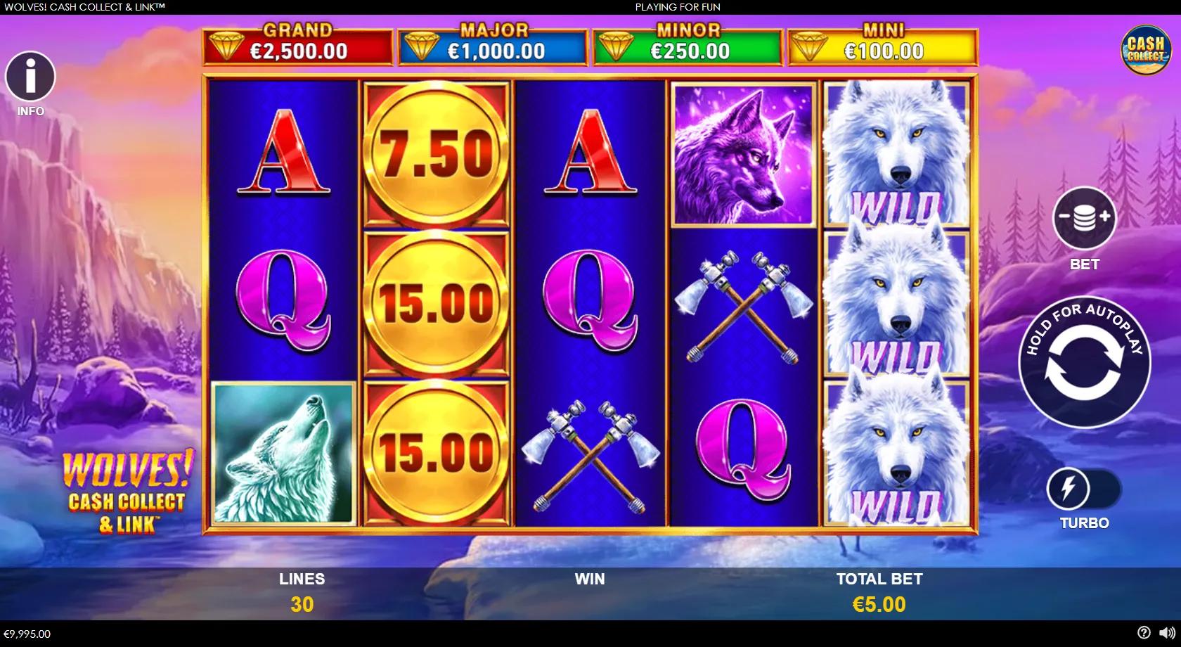 Wolves! Cash Collect & Link gameplay on a 5x3 grid of wolf and card symbols against a snowy pine forest, with gold Cash Collect and Link coins and a four-tier jackpot ladder